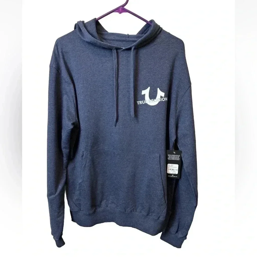 NWT True Religion Navy Blue Pullover Hoodie. Print On Back Horseshoe‎ Logo Front